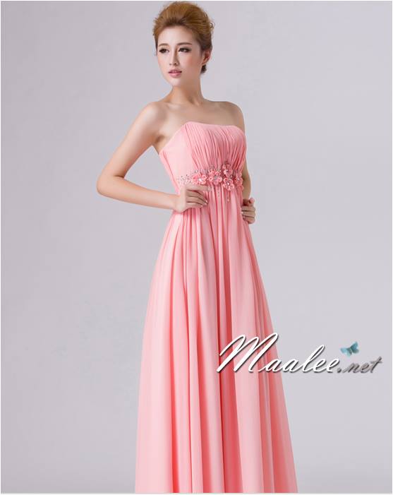 พร้อมส่ง ชุดราตรียาว เกาะอก สีโอรส แต่งดอกเก๋ๆ