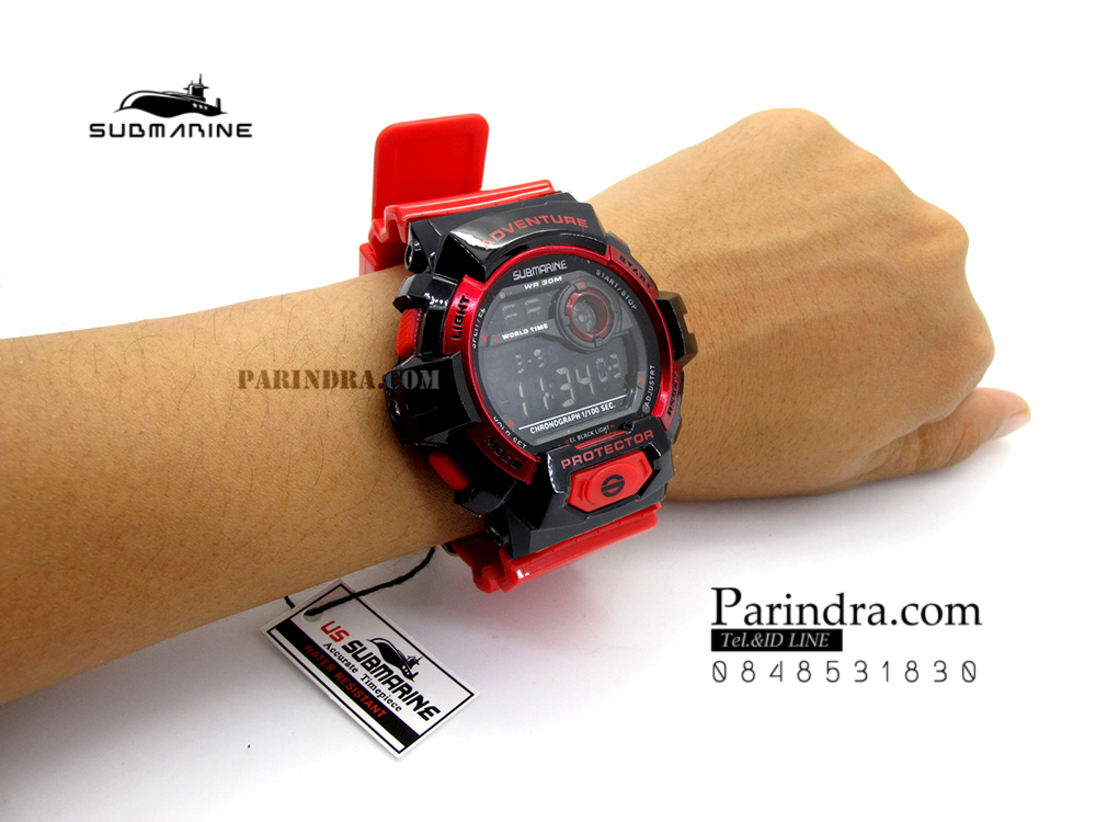 นาฬิกา US submarine TP1329M สีแดง-ดำ พื้นหลังดำ ระบบดิจิตอล สายซิลิโคนผิวมัน