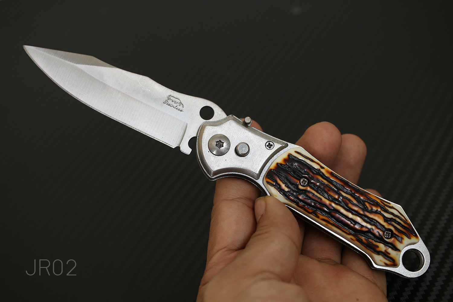 มีดพับสปริง #JR02 STAINLESS ขนาดกลาง พกพา ด้ามลายเขาสัตว์เทียม ราคาประหยัด