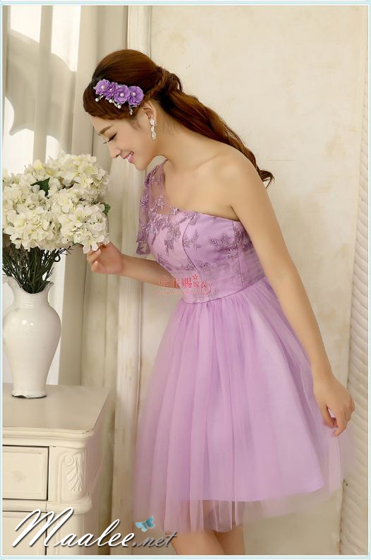 พร้อมส่ง ชุดราตรีสั้น ชุดเพื่อนเจ้าสาว ไหล่เดียว สีม่วง Purple Pp-001B