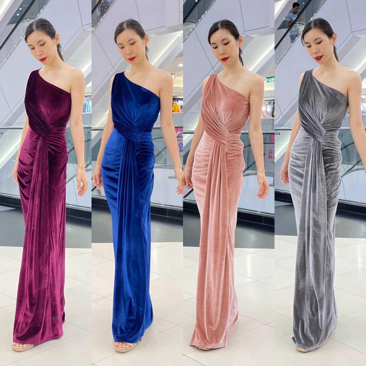 พร้อมเช่า ชุดเดรส เดรสไหล่เดียว แพทเทิร์นเก๋ จับเดรปหน้า สีน้ำเงิน เนื้อกำมะหยี่