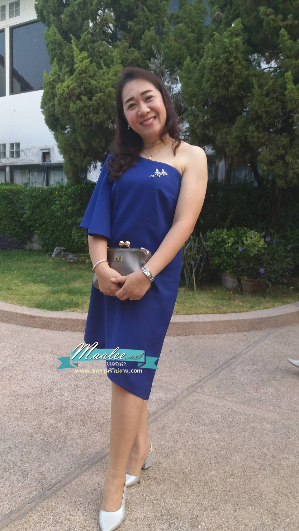 พร้อมส่ง ชุดออกงาน แบบเรียบหรู ปาดไหล่ สีน้ำเงิน ใส่ได้ทั้งงานเช้า งานเย็น