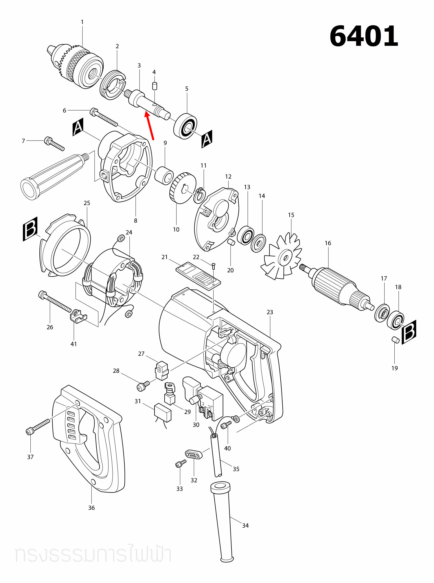 แกนเฟือง สว่าน Makita มากีต้า 6401 [#3], 6400NB Pn.323676-9 (แท้) ##