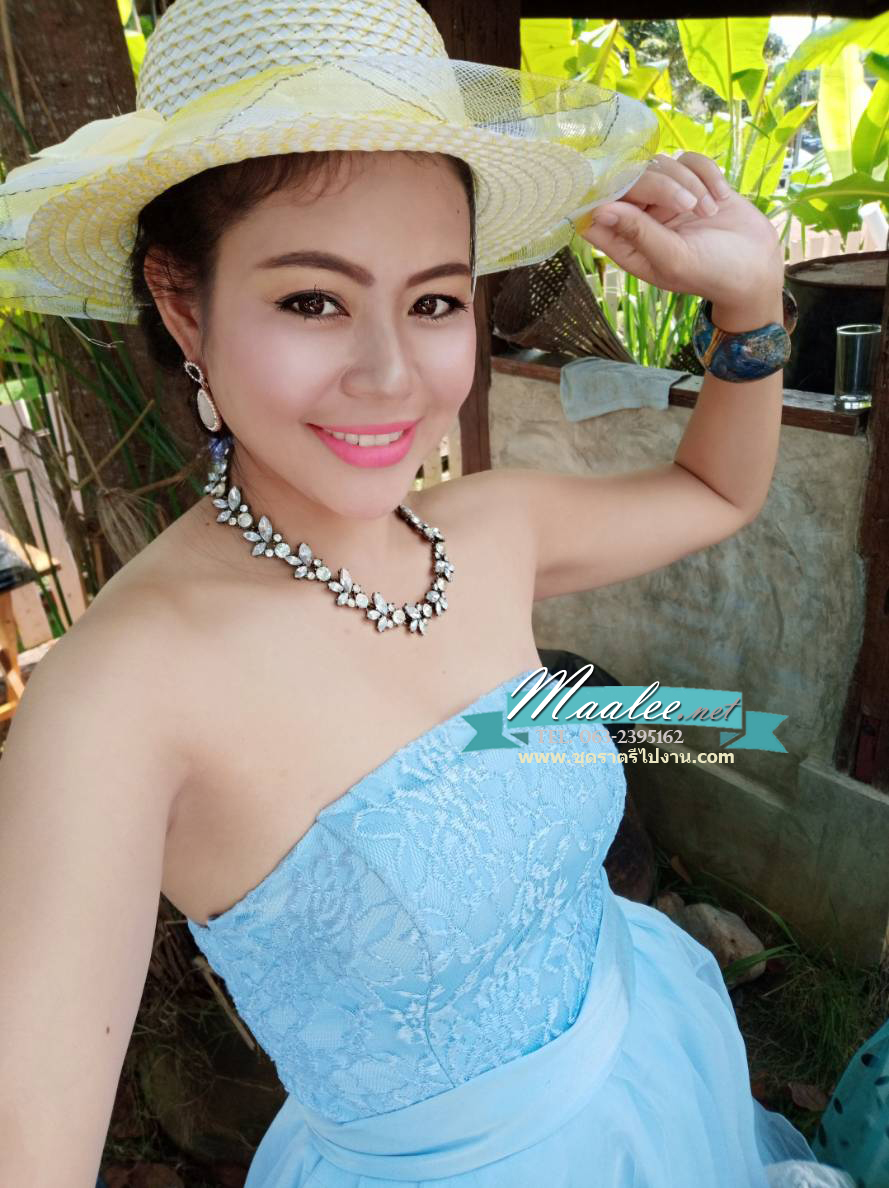 พร้อมเช่า ชุดราตรีสั้น เกาะอก แต่งลูกไม้กระโปรง3ชั้น ผ้าแก้ว ผ้าคาดเอวซาติน หน้าสั้นหลั้งยาว สีฟ้า