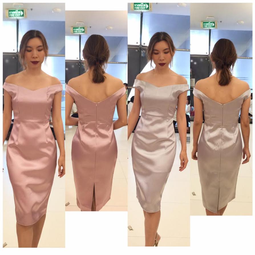 พร้อมเช่า ชุดเดรสสั้น ไหล่ปาด V ผ้าดัชเชส สวย เรียบหรู สีทอง rose gold