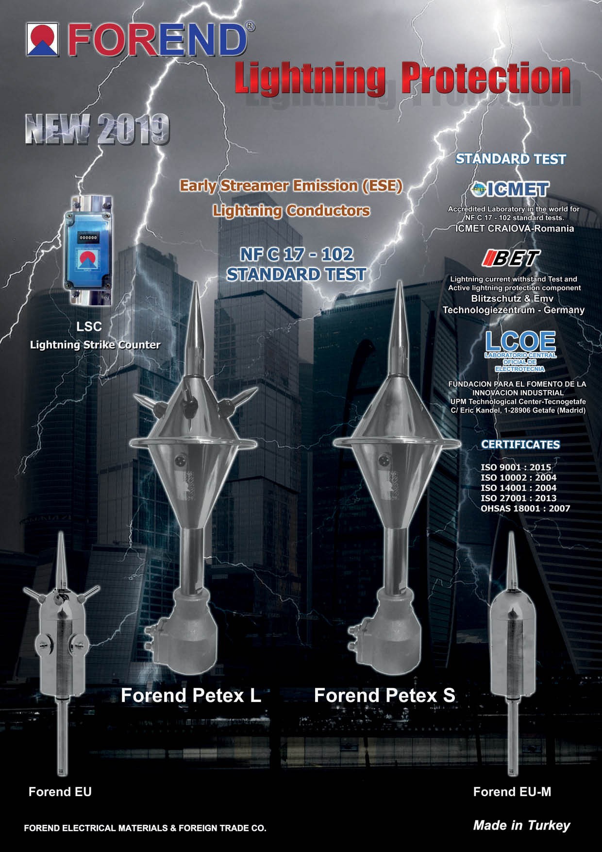 FOREND หัวล่อฟ้าชนิด Early Streamer Emission รุ่น Petex-S Lightning Protection
