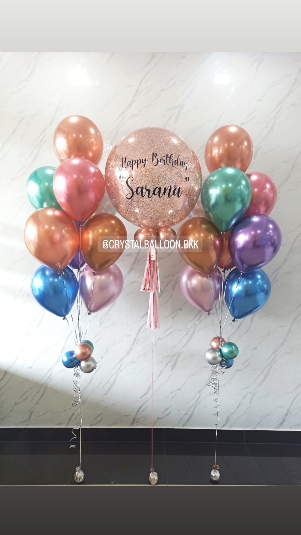 ลูกโป่ง วันเกิด Bubble ขนาด 24" สีโรสโกล พร้อมตกแต่ง ช่อลูกโป่งโครเมี่ยม 9 ลูก 2 ช่อ สามารถเปลี่ยนสีลูกโป่ง/เปลี่ยนข้อความ/เปลี่ยนขนาดได้