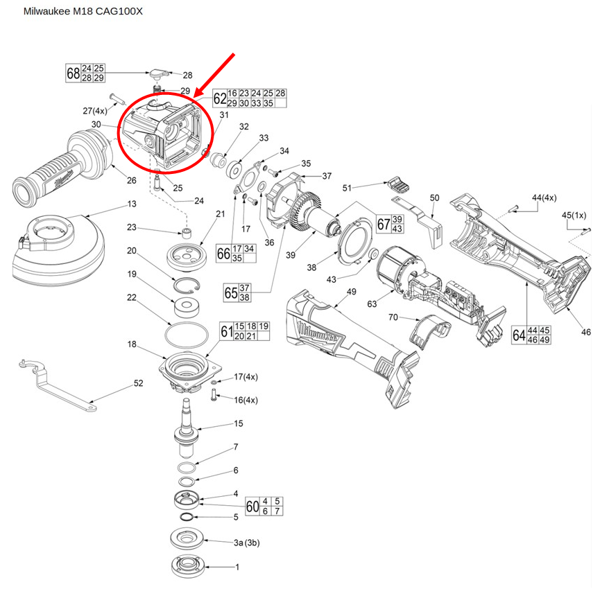 Gear Case Assemble หินเจียรไร้สาย 4" รุ่น M18 CAG100X(62), M18 CAG100XPDB P/N.202611003MWK (แท้) ## (**)