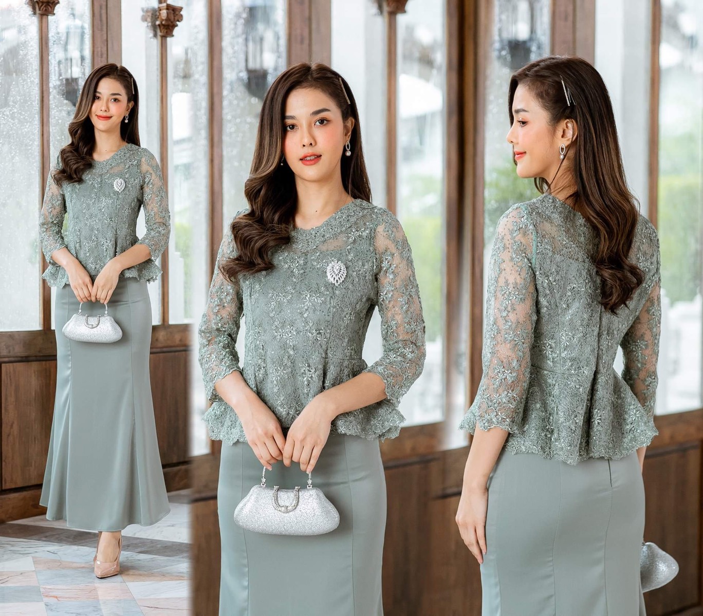 Pro-order ชุดเช่า ชุดไทยคุณแม่ เสื้อลูกไม้สีเขียว คอวี ผ้าซิ่น แยกชิ้น เรียบหรู **สามารถเลือกเปลี่ยนกระโปรงแบบที่ต้องการได้**