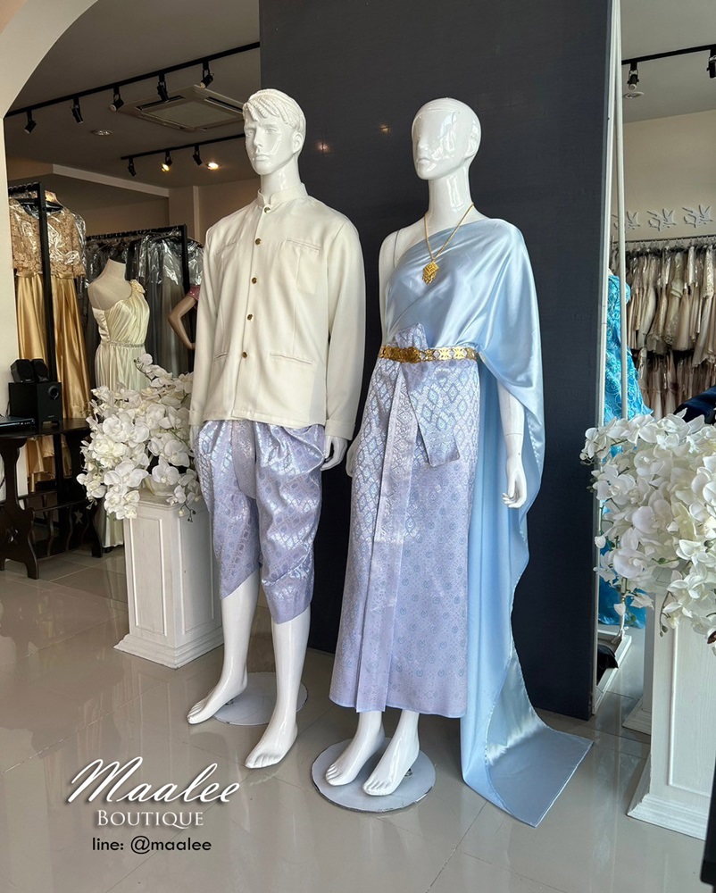 เช่า ชุดไทย ชุดเพื่อนเจ้าสาว ชุดไทยผ้าถุงสีชมพูฟ้าเงิน สไบเรียบสีฟ้า