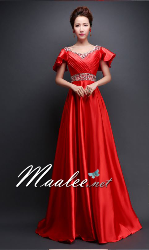 พร้อมเช่า สำหรับสาวไซส์ใหญ่ ชุดราตรียาว แบบแขนสั้น ผ้าซาตินสวยสง่า อกจับจีบปักเลื่อมช่วงอก-เอว สีฟ้า (เชือกผูกหลัง)