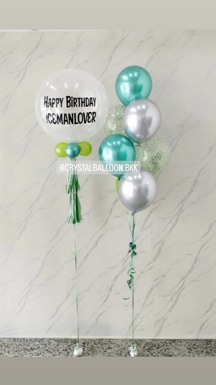 ลูกโป่ง วันเกิด Bubble ขนาด 24" กลิตเตอร์สีขาว 1 ลูก พร้อม ช่อลูกโป่งสีโครเมี่ยม ช่อ 7 ลูก 1 ช่อ พร้อมตกแต่ง สามารถเปลี่ยนสีลูกโป่ง/เปลี่ยนข้อความ/เปลี่ยนขนาดได้