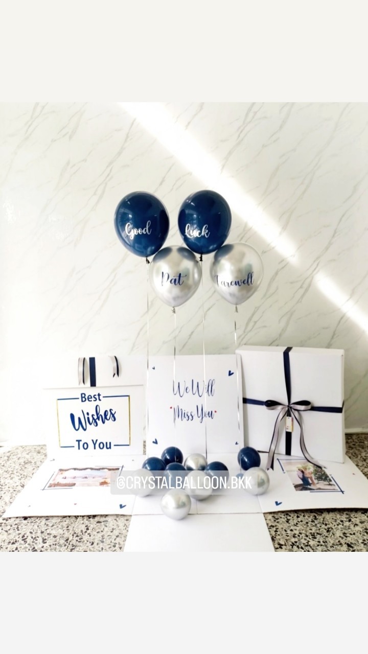 Farewell Surprise Box กล่องเซอร์ไพรส์ลูกโป่งอำลา Theme Dark Blue-เงิน พร้อมตกแต่ง ลูกโป่ง 4 ลูก สามารถใส่รูปได้ 2 รูป สามารถเปลี่ยนสีลูกโป่ง/เปลี่ยนข้อความได้