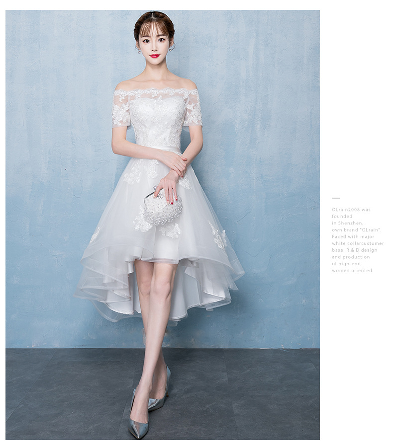 พร้อมเช่า ชุดแต่งงาน มินิมอล ชุดหมั้น ลูกไม้ ทรงปาดไหล่ หน้าสั้น หลังยาว ชุดพรีเวดดิ้ง