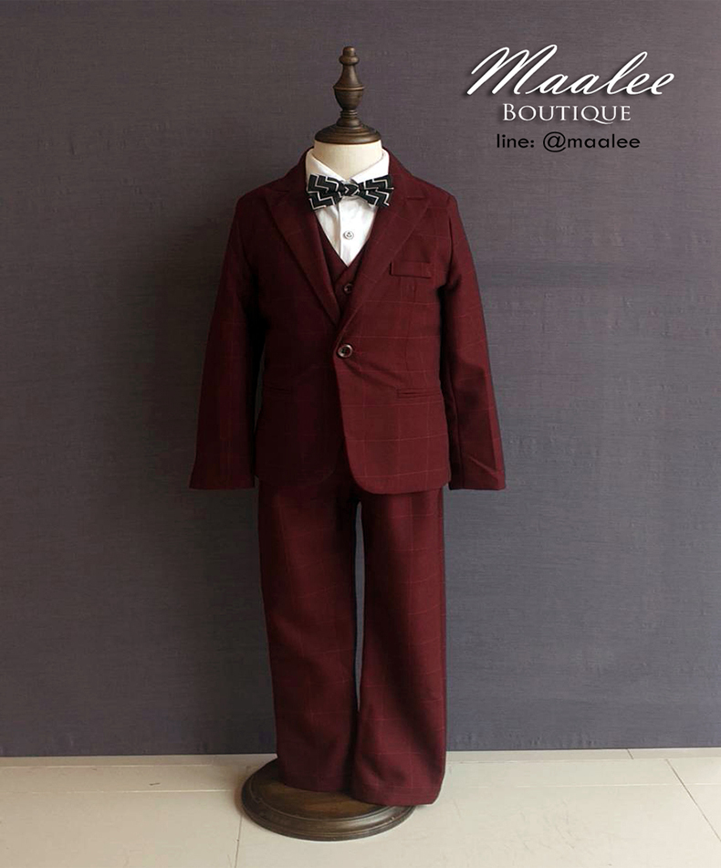 พร้อมเช่า ชุดสูทเด็กชาย สีแดงเบอกันดีลายตาราง **พร้อมเช่าไซส์ 110,120,130,140**