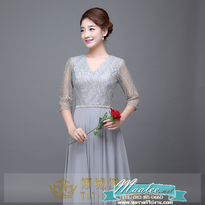 พร้อมเช่า สำหรับสาวไซส์ใหญ่ ชุดราตรียาว สีเทา แขนสามส่วน แต่งเม็ดกากเพชร ช่วงแขนผ้าโปร่ง สวยหรู คาดเข็มขัดช่วงเอว (XL-7XL)