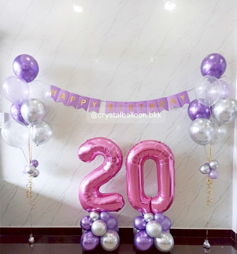 ลูกโป่ง วันเกิด ช่อลูกโป่ง ช่อ 7 ลูก 2 ช่อ พร้อม ป้ายธง Happy Birthday 1 ชิ้น , ฟอยล์ตัวเลข ขนาด 40" สีชมพู 2 ชิ้น ตั้งฐาน Theme ชมพู - ม่วง พร้อมตกแต่ง สามารถเปลี่ยนสีลูกโป่งได้