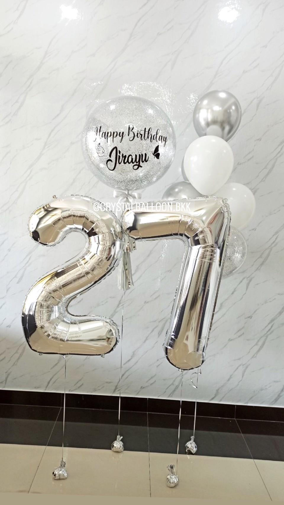 ลูกโป่ง วันเกิด Bubble ขนาด 24" Theme สีเงิน พร้อม ช่อลูกโป่ง ช่อ 7 ลูก 1 ช่อ,ฟอยล์ตัวเลข ขนาด 40" 2 ชิ้น พร้อมตกแต่ง สามารถเปลี่ยนสีลูกโป่ง/เปลี่ยนข้อความ/เปลี่ยนขนาด/เปลี่ยนสี-ฟอยล์ตัวเลขได้