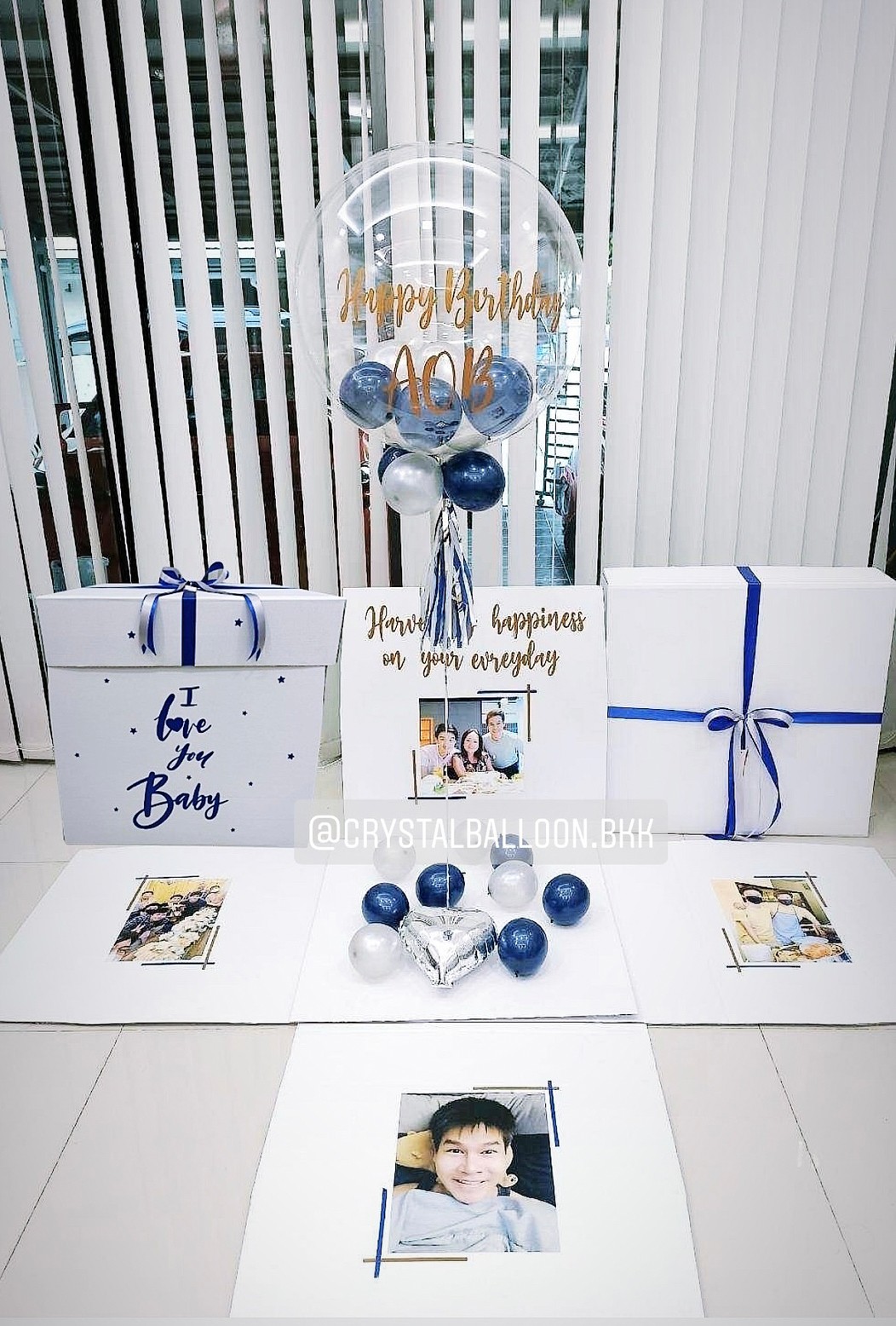 Happy Birthday Surprise Box กล่องเซอร์ไพรส์วันเกิด Bubble USA ขนาด 24" Theme Dark Blue พร้อมตกแต่ง สามารถใส่รูปได้ 4 ใบ สามารถเปลี่ยนสีลูกโป่ง/เปลี่ยนข้อความได้