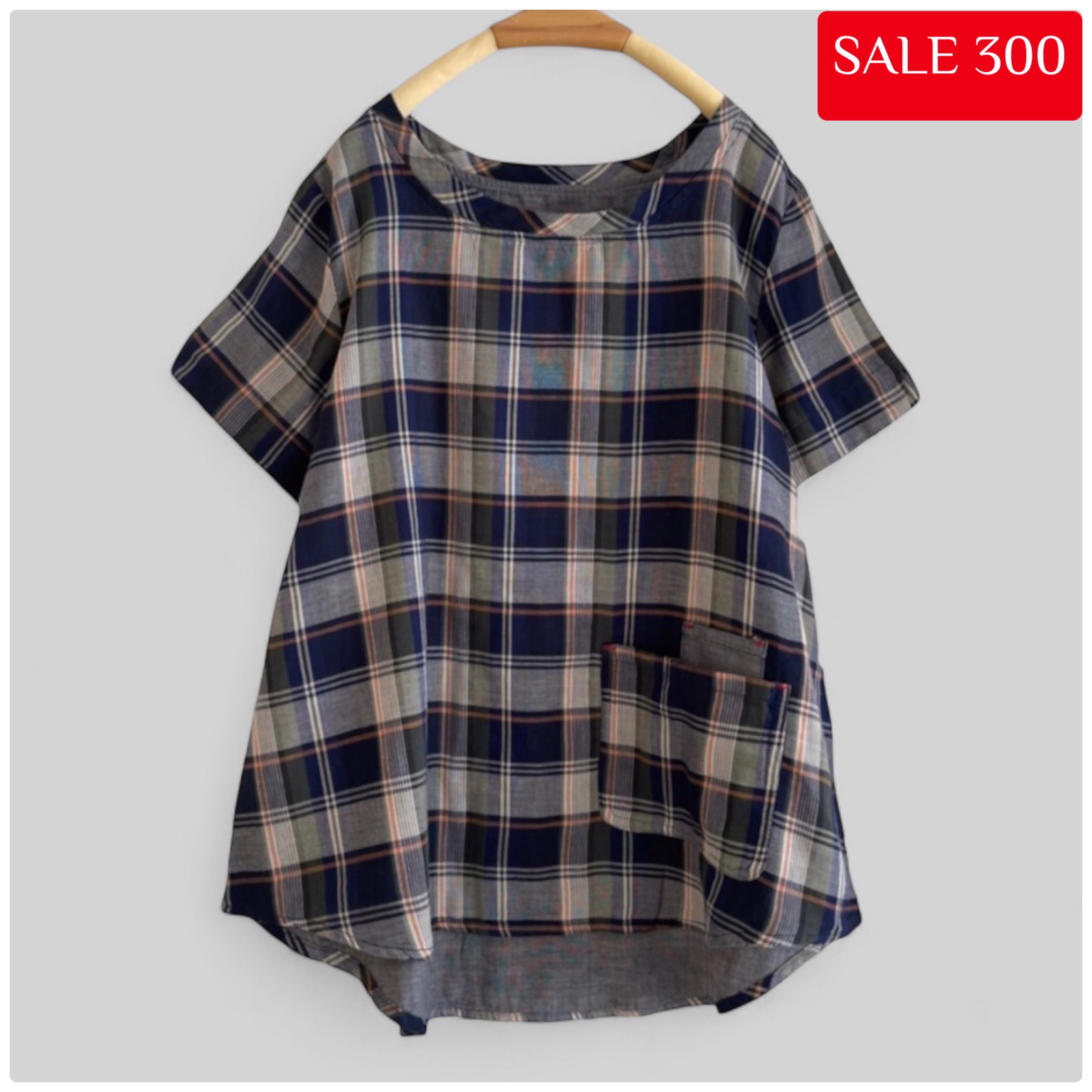 เสื้อผ้าฝ้ายลายสก็อตแต่งกระเป๋า