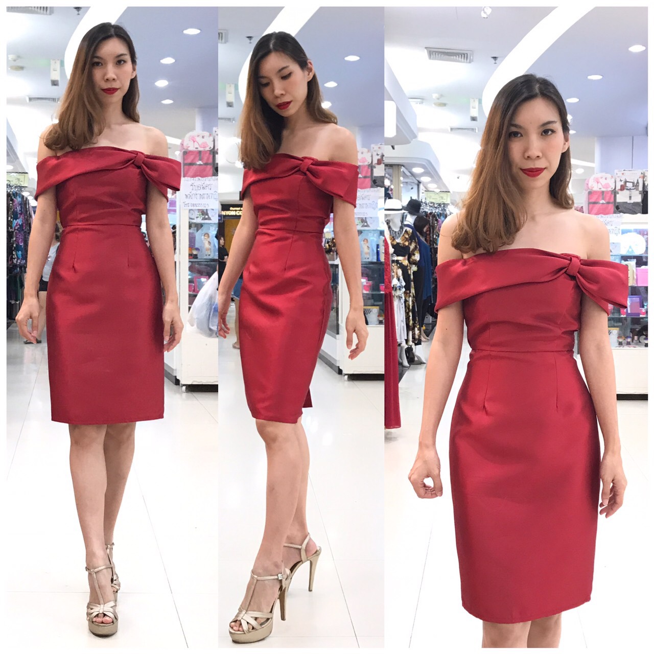 พร้อมเช่า ราตรีสั้น ชุดเดรสเข้ารูป ไหล่ปาด สีแดง