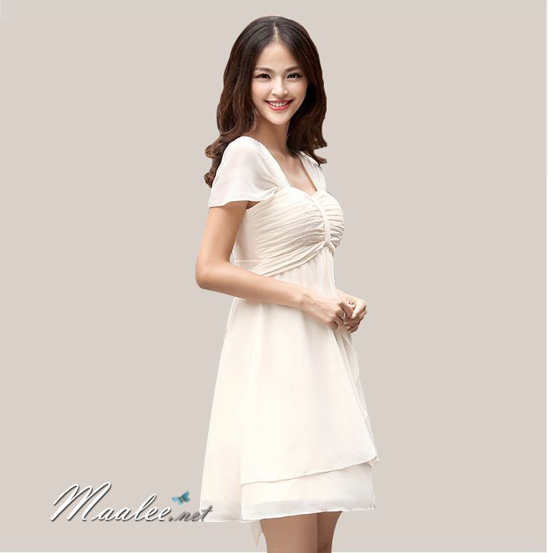 พร้อมส่ง ชุดราตรีสั้น แบบปิดไหล่ สไตล์เรียบหรู สีครีม อกจับจีบพร้อมเชือกผูกเป็นโบว์ (คนท้องใส่ได้)