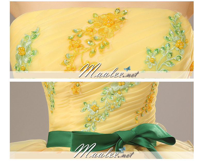 พร้อมเช่า ชุดแฟนซี ชุดราตรียาว แบบเกาะอก กรโปรงผ้าแก้ว สีเหลือง+ชมพู อกแต่งลูกปัดหรู โบว์คาดเอวสีเขียว