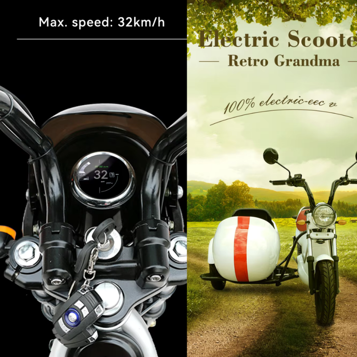 Racceway Retro Sidecar 2025 – สกู๊ตเตอร์ไฟฟ้าสามล้อสมรรถนะสูง 2000W พร้อมซุ้มข้าง | มีใบรับรอง EEC & COC