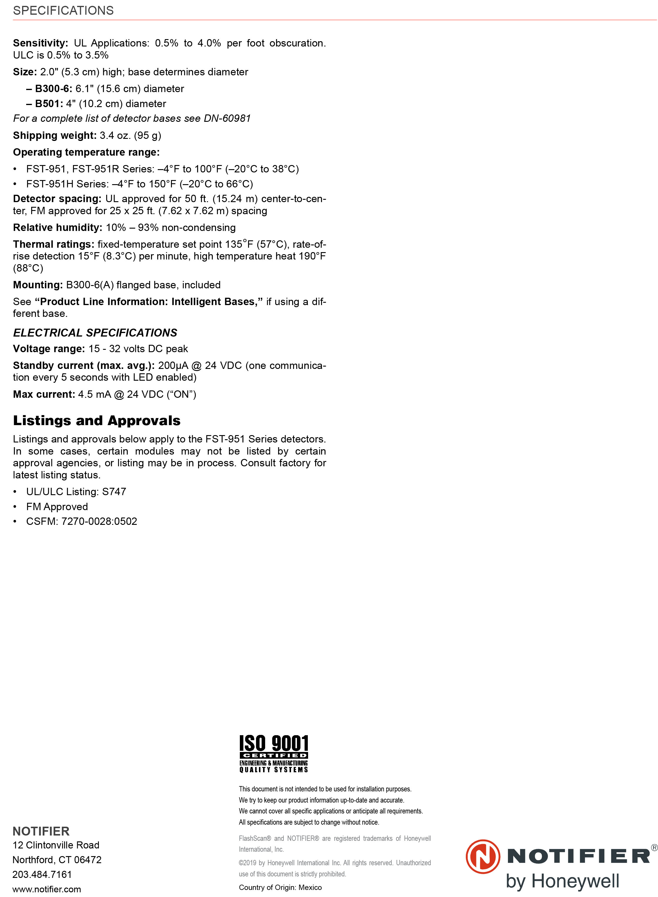 "NOTIFIER" FST-951-IV Ivory, low-profile 135°F fixed thermal sensor Addressable Heat Detectors UL/FM Standard