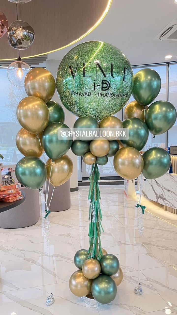 เสาลูกโป่ง เปิดงาน Bubble ขนาด 36" กลิตเตอร์สีเขียว 1 เสา พร้อม ช่อลูกโป่งสีโครเมี่ยม ช่อ 7 ลูก 2 ช่อ สามารถเปลี่ยนสีลูกโป่ง/เปลี่ยนข้อความได้
