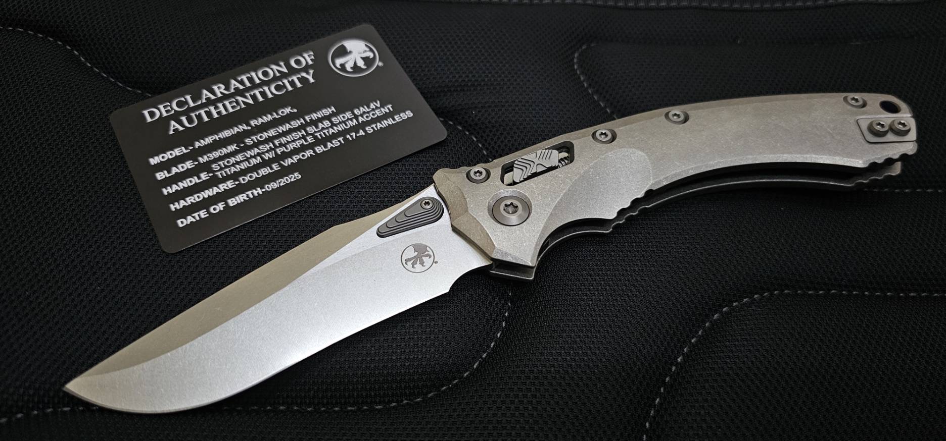Microtech Marfione Select Amphibian RAM LOK Titanium Handles & Stonewash M390MK w/ Double Vapor Blast & Purple Accents