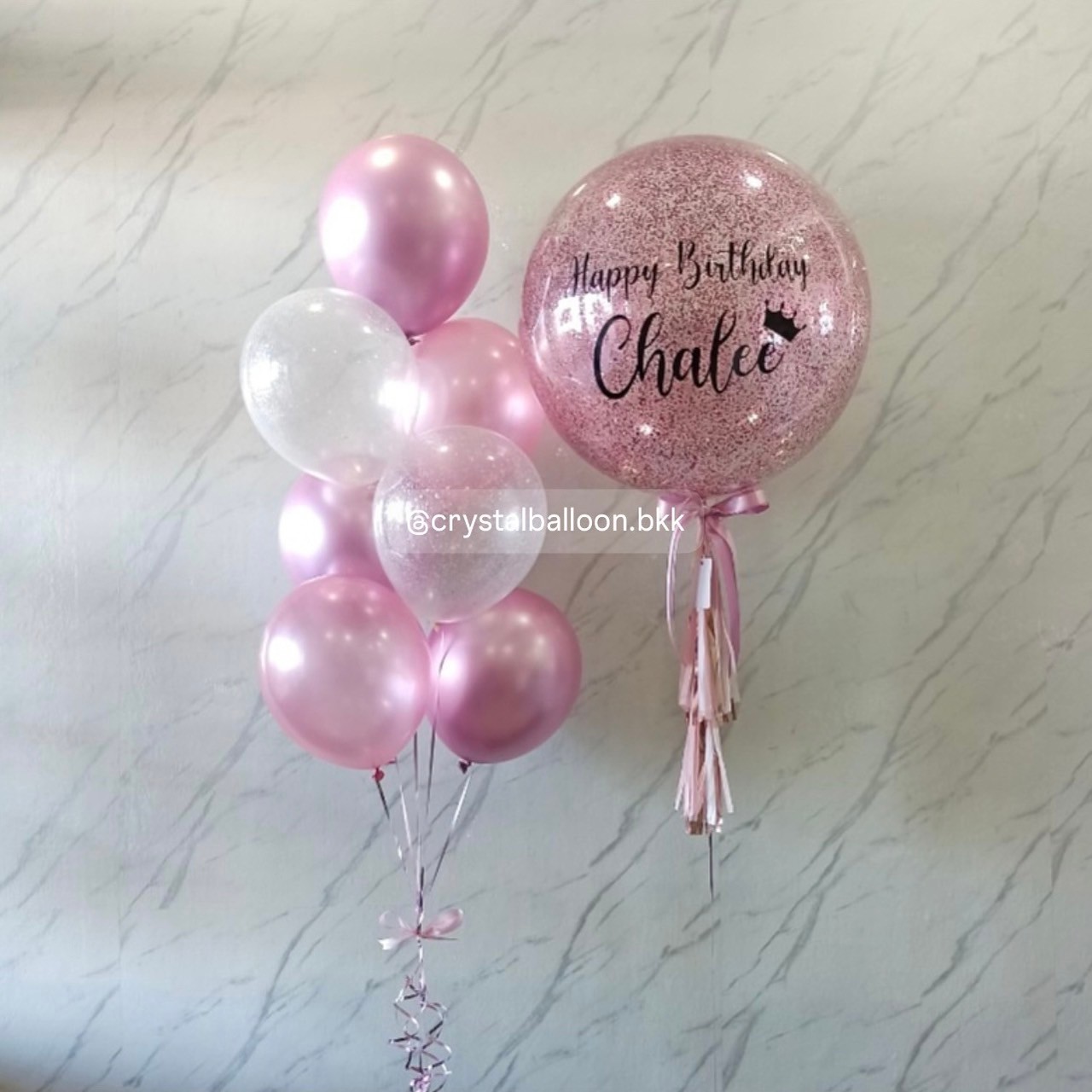 ลูกโป่ง วันเกิด Bubble ขนาด 24" Theme สีชมพู พร้อม ช่อลูกโป่ง ช่อ 7 ลูก 1 ช่อ พร้อมตกเเต่ง สามารถเปลี่ยนสีลูกโป่ง/เปลี่ยนข้อความ/เปลี่ยนขนาดได้