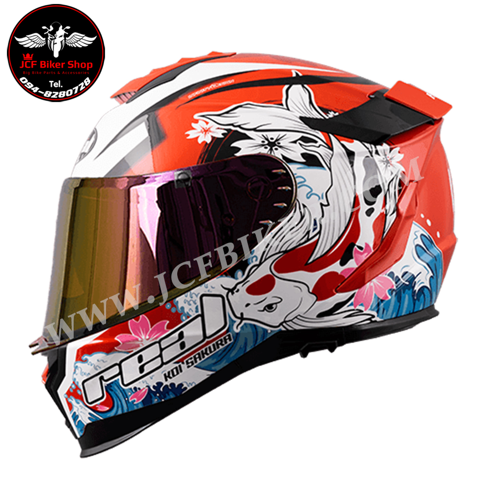 หมวกกันน็อคเต็มใบ หมวกกันน็อค Real Helmets รุ่น Hurricane Koi Sakura ขาว-แดง