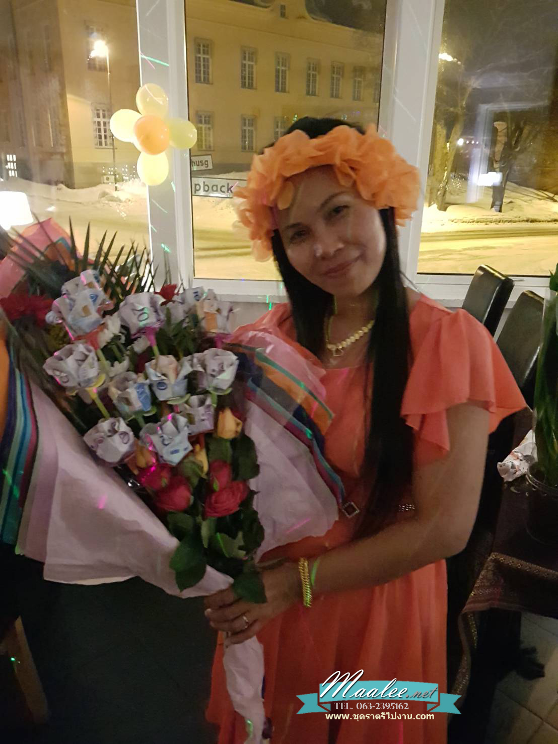 พร้อมส่ง ชุดออกงาน ชุดเดรสชีฟอง Slim Design สีแสด (เหลือเฉพาะไซส์ L,XL,XXL)