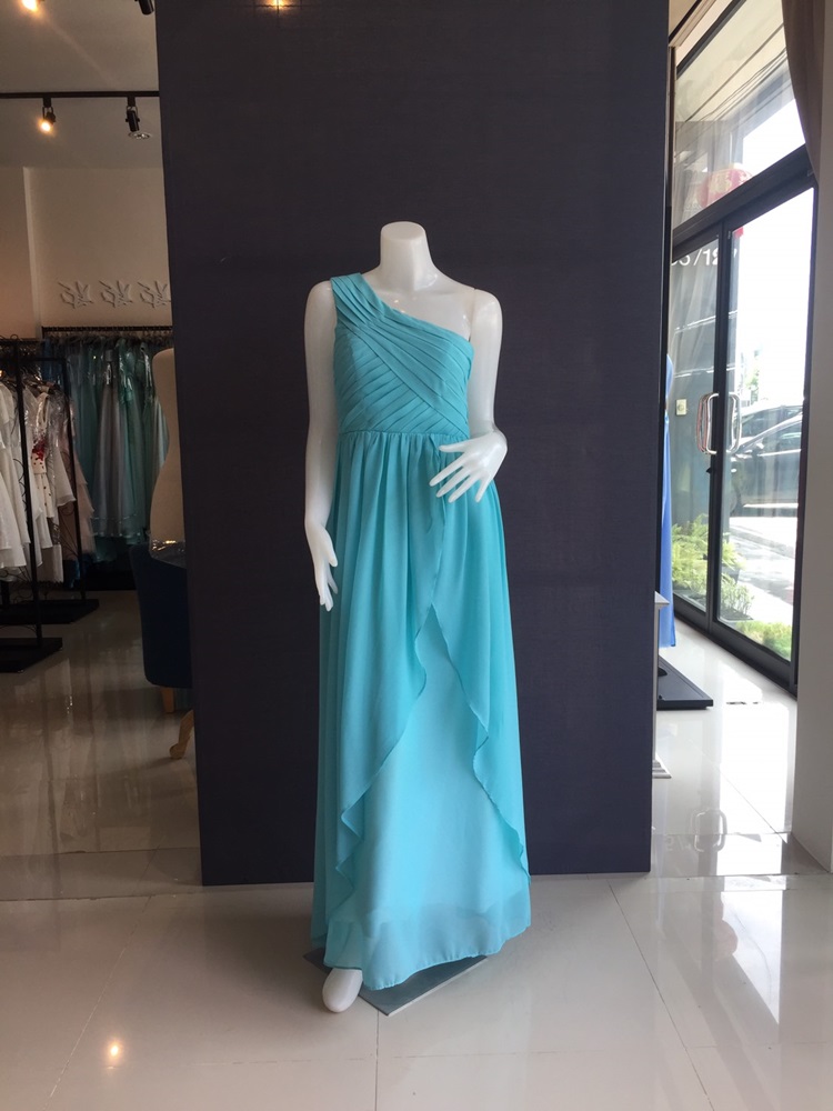 พร้อมส่ง ชุดราตรียาว ชุดเพื่อนเจ้าสาว สีฟ้ามิ้นต์ แบบ A ไหล่เดียว แต่งระบายด้านหน้า