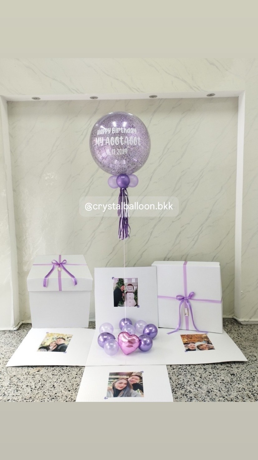 Happy Birthday Surprised Box กล่องเซอร์ไพรส์วันเกิด Bubble ขนาด 24" กลิตเตอร์สีม่วง พร้อมตกแต่ง สามารถใส่รูปได้ 4 ใบ สามารถเปลี่ยนสีลูกโป่ง/เปลี่ยนข้อความได้