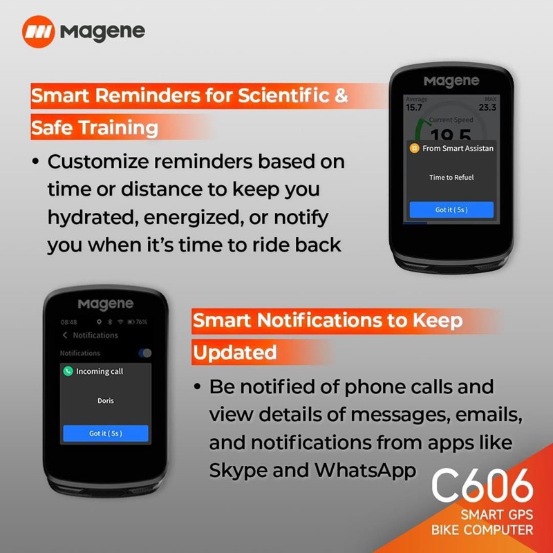 ไมล์จักรยาน Magene รุ่น C606 Smart GPS ส่งผ่านข้อมูล ได้ 3 ระบบทั้ง Wifi, Bluetooth 5.0, ANT+ มีระบบซิงโครไนน์ AGNSS