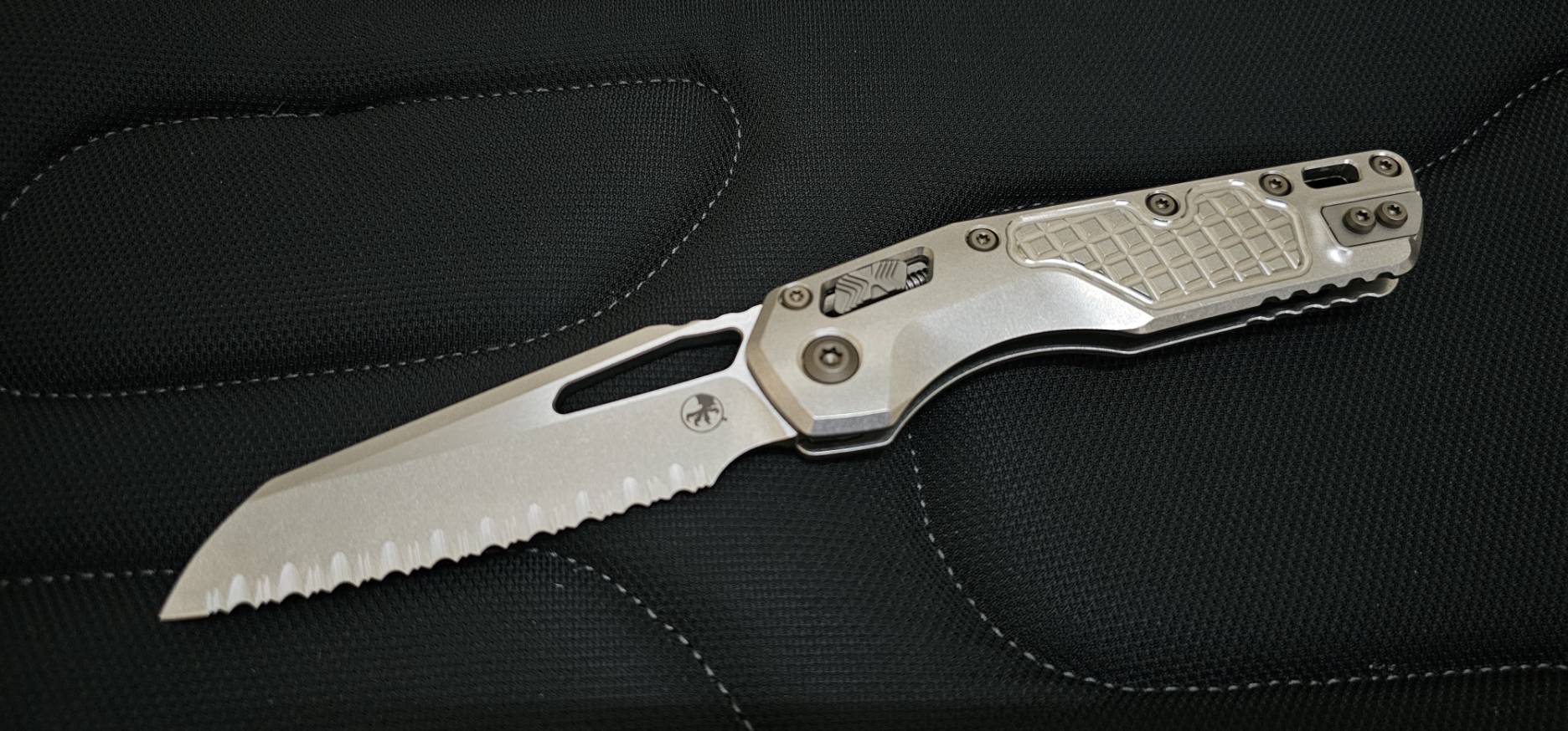 Microtech Marfione Select MSI RAM LOK Frag Titanium Handles w/ Double Vapor Blast & Flamed Accents & Full Serrated Stonewash M390MK