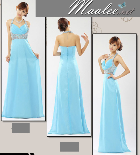 พร้อมเช่า ชุดราตรียาว สีฟ้า แบบเก๋ คล้องคอ ช่วยยกเนินอกสวย