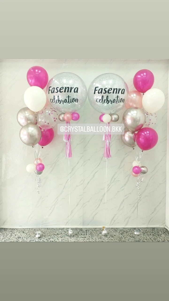 ลูกโป่ง เปิดงาน Bubble ขนาด 24" กลิตเตอร์สีเงิน 2 ลูก พร้อม ช่อลูกโป่ง ช่อ 7 ลูก 2 ช่อ Theme สีชมพู พร้อมตกแต่ง สามารถเปลี่ยนสีลูกโป่ง/เปลี่ยนข้อความ/เปลี่ยนขนาดได้