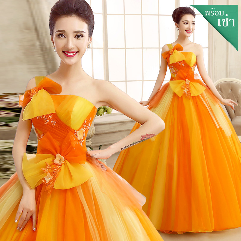 พร้อมเช่า ชุดแฟนซี ชุดราตรี ไหล่เดียว สีส้มแต่งระบายสีเหลือง น่ารัก แต่งโบว์เพิ่มความหวาน