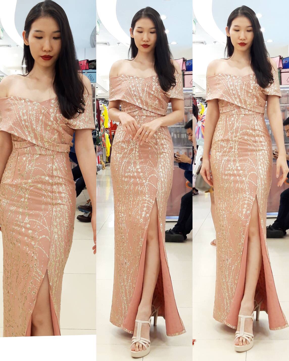 พร้อมเช่า ชุดเดรสยาว ราตรียาว เดรสไปล่ปาด แต่งกลิตเตอร์ แหวกหน้าขา สี Pink Gold