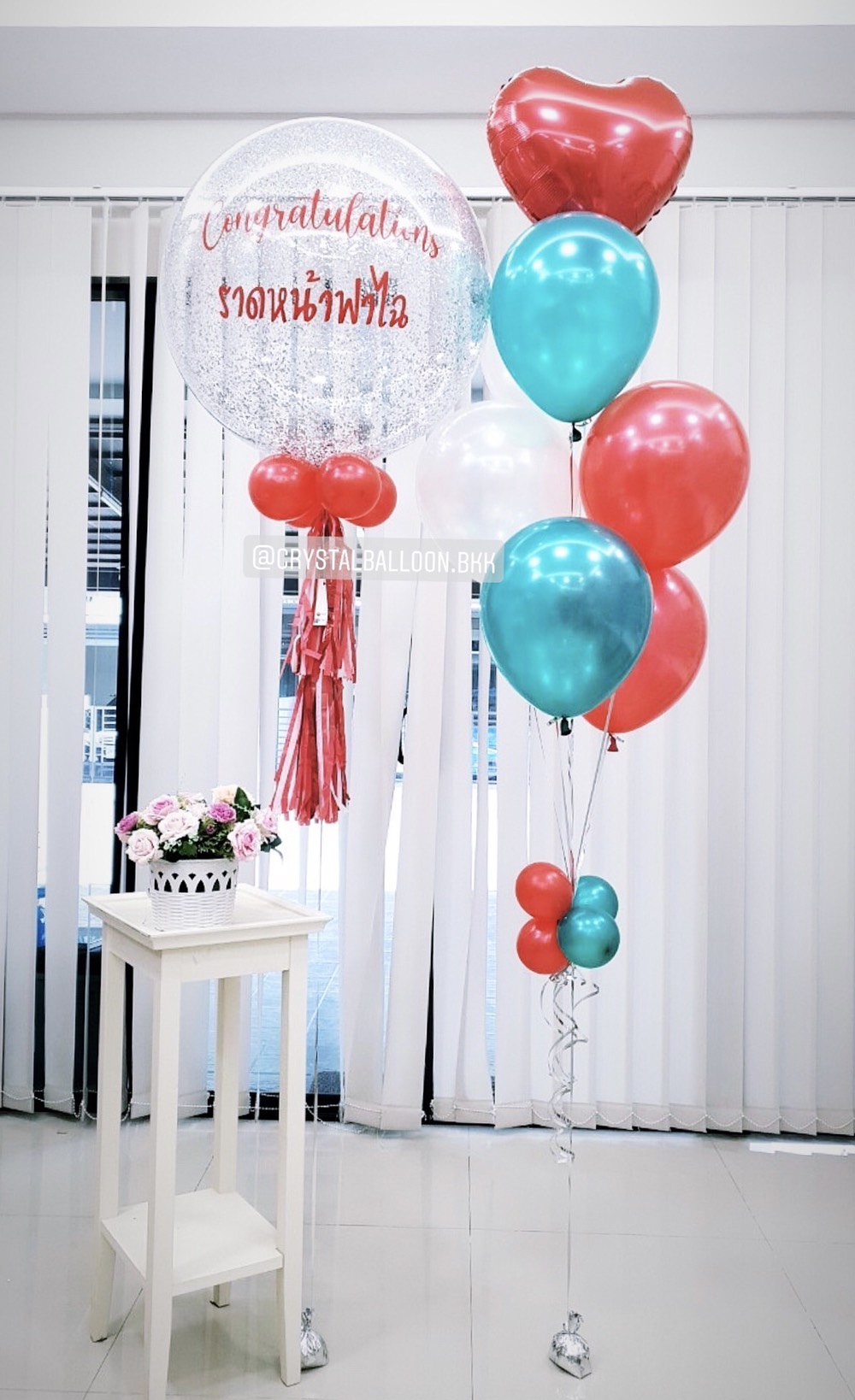 ลูกโป่ง แสดงความยินดี-เปิดร้าน Bubble ขนาด 24" สีแดง พร้อมตกแต่ง ช่อลูกโป่งฟอยล์หัวใจ ขนาด 18" 1 ช่อ สามารถเปลี่ยนสีลูกโป่ง/เปลี่ยนข้อความ/เปลี่ยนขนาดได้