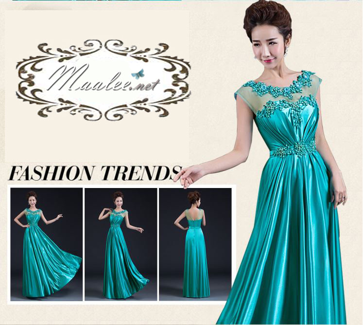 พร้อมเช่า ชุดราตรียาว แขนกุด สีเขียวน้ำทะเล เนื้อผ้ามันใส่สบาย แต่งมุกปักเลื่อมสวยหรูทั้งอกและเอว