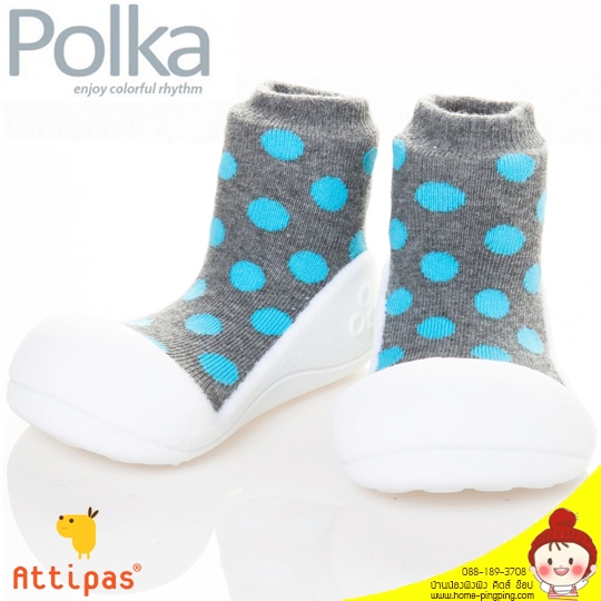 รองเท้าหัดเดิน Attipas รุ่น Polka Dot GRAY (สีเทาลายจุด พื้นรองเท้าสีขาว) รองเท้าหัดเดินที่ดีที่สุด แบรนด์ ATTIPAS