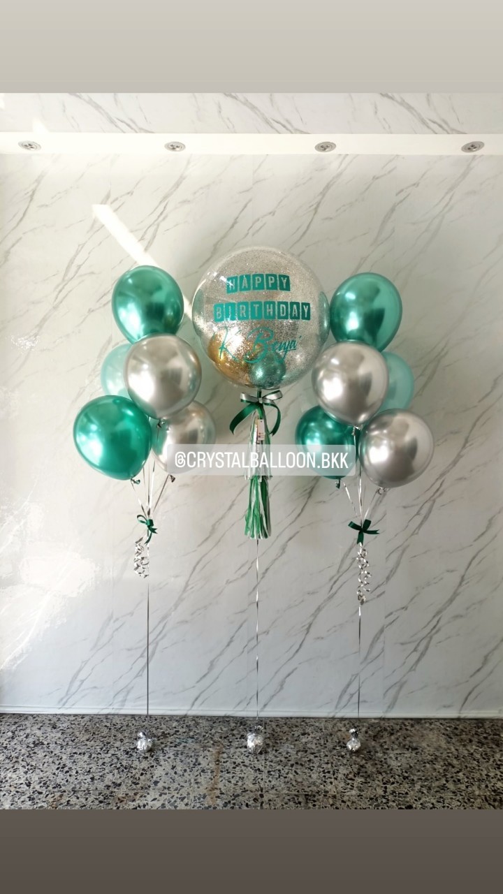 ลูกโป่ง วันเกิด Bubble 24" Theme สีเงิน-สีเขียว พร้อมตกแต่ง ช่อลูกโป่ง 5 ลูก 2 ช่อ สามารถเปลี่ยสีลูกโป่ง/เปลี่ยนข้อความ/เปลี่ยนขนาดได้