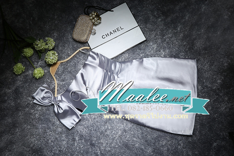 พร้อมเช่า ชุดราตรี สีเทา บ่าเฉียง ทรงเข้ารูป แต่งโบว์ที่ไหล่ (ซิปหลัง)