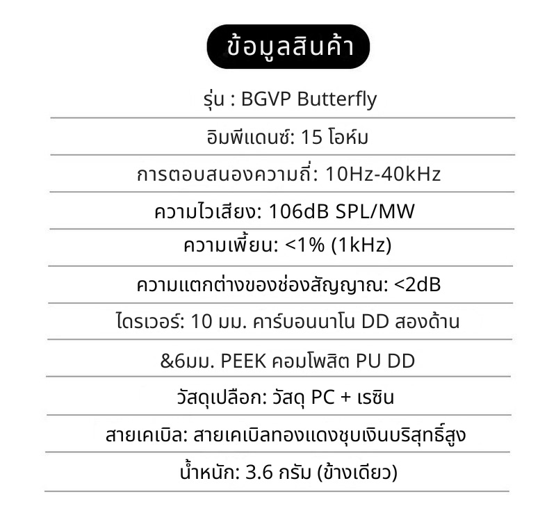 BGVP Butterfly หูฟัง IEMs 2 ไดรเวอร์ 2DD หูฟัง HiFi สำหรับเล่นเกม ประกันศูนย์ไทย