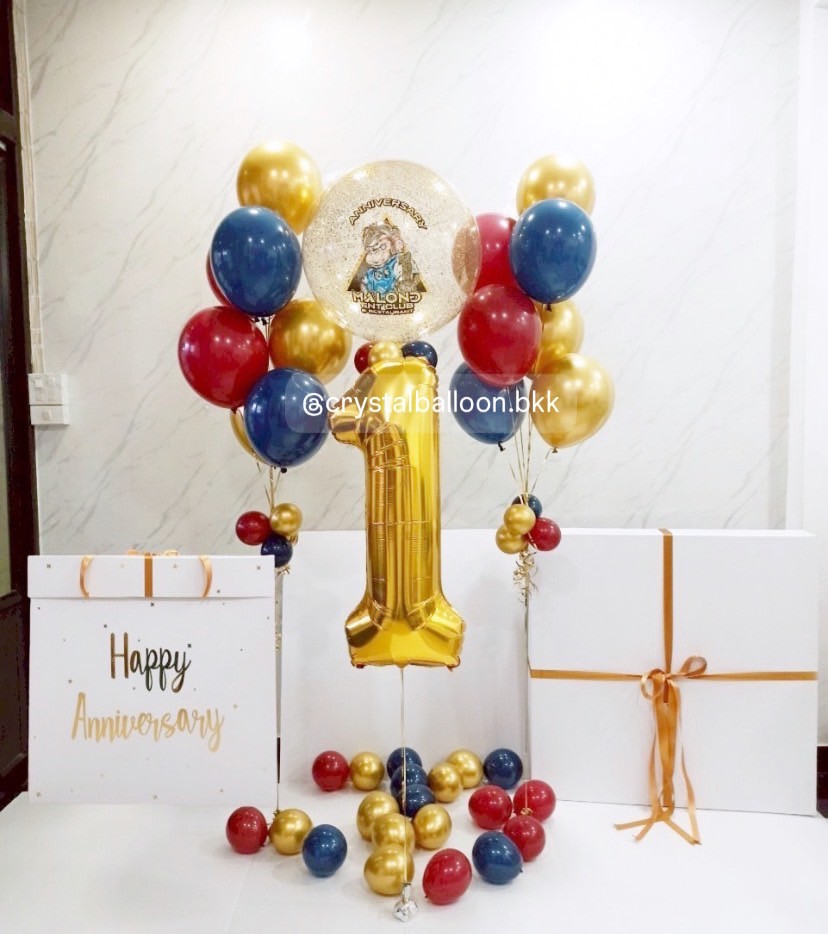 Jumbo Box 36" Surprise Box กล่องเซอร์ไพรส์วันครบรอบ Bubble ขนาด 24"กลิตเตอร์สีทอง พร้อม ลูกโป่งช่อ 7 ลูก 2 ช่อ , ฟอยล์ตัวเลข ขนาด 40" 1 ชิ้น สีทอง พร้อมตกแต่ง สามารถใส่รูปได้ 4 ใบ สามารถเปลี่ยนสีลูกโป่ง/เปลี่ยนข้อความได้