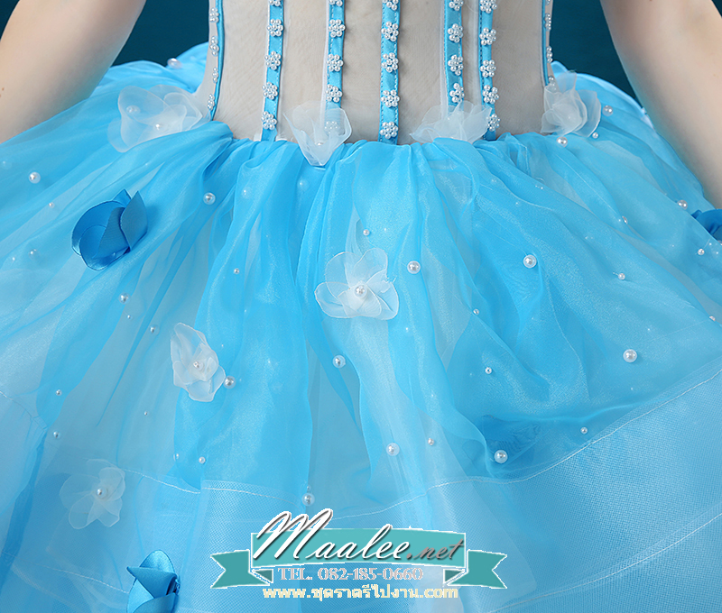 พร้อมเช่า ชุดแฟนซี ชุดราตรียาว สีฟ้า-ขาว แบบไหล่ปาด กระโปรงผ้าแก้วพองสวย แต่งดอก&ลูกปัด เชือกผูกหลัง